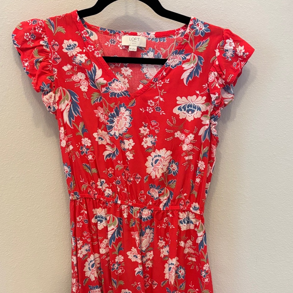 Loft Floral Coral Dress, Medium Petite